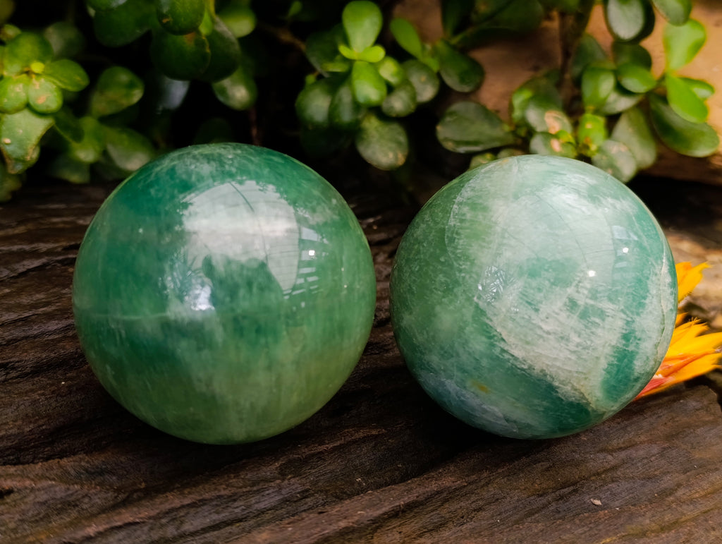 Polished Green Fluorite Spheres x 2 From Madagascar - Toprock Gemstones and Minerals 