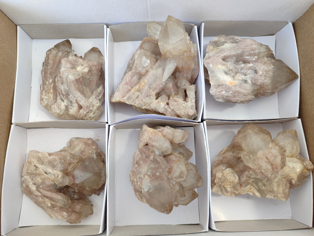 Natural Smokey Phantom Quartz Clusters x 6 From Luena, Congo - Toprock Gemstones and Minerals 