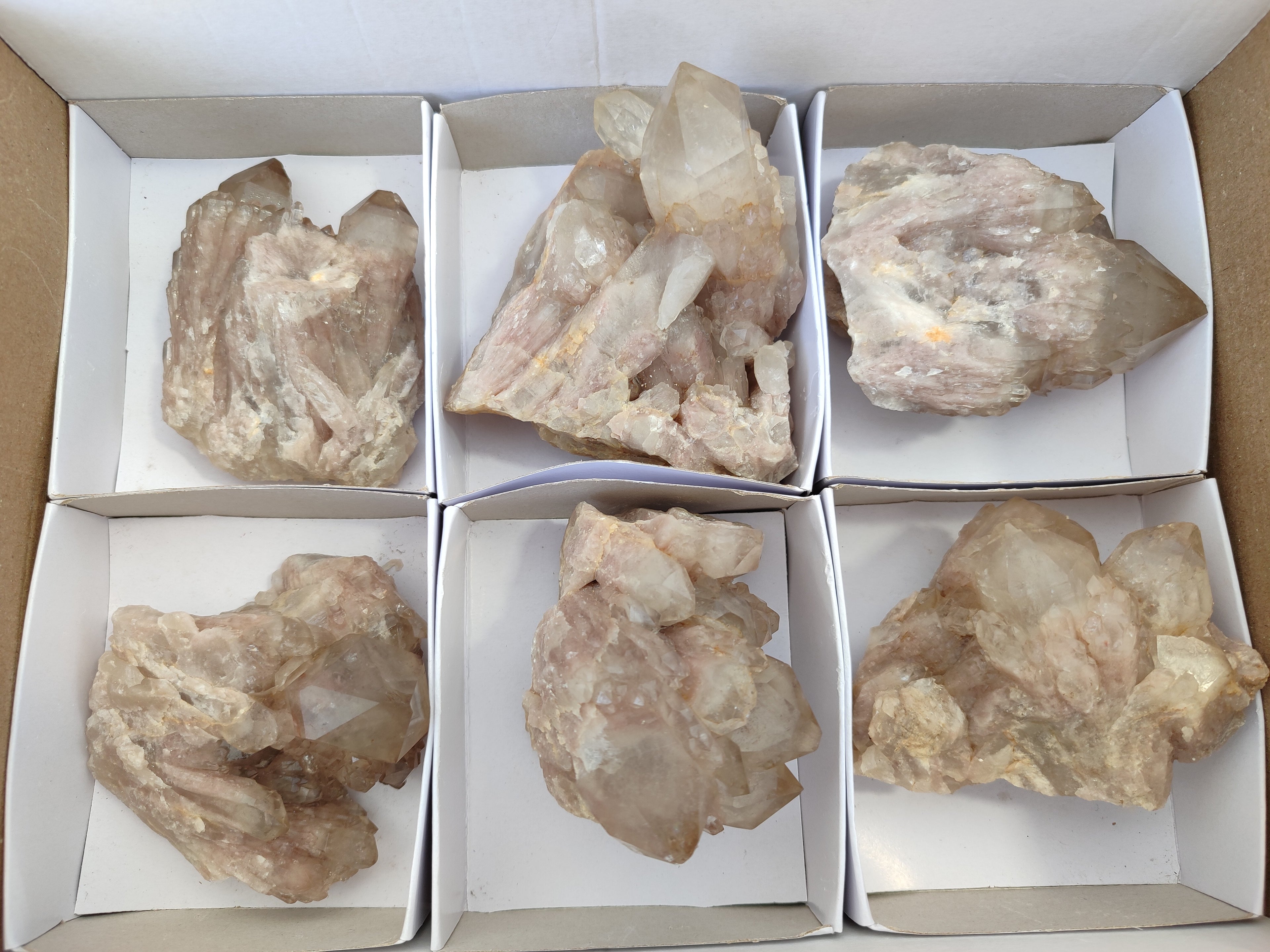 Natural Smokey Phantom Quartz Clusters x 6 From Luena, Congo - Toprock Gemstones and Minerals 