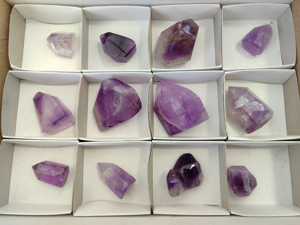 Polished Window Amethyst Quartz Points x 12 From Akansobe, Madagascar - Toprock Gemstones and Minerals 