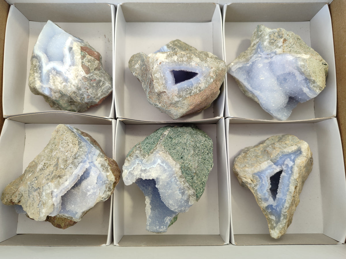 Natural Blue Lace Agate Geode Specimens x 6 From Nsanje, Malawi - Toprock Gemstones and Minerals 