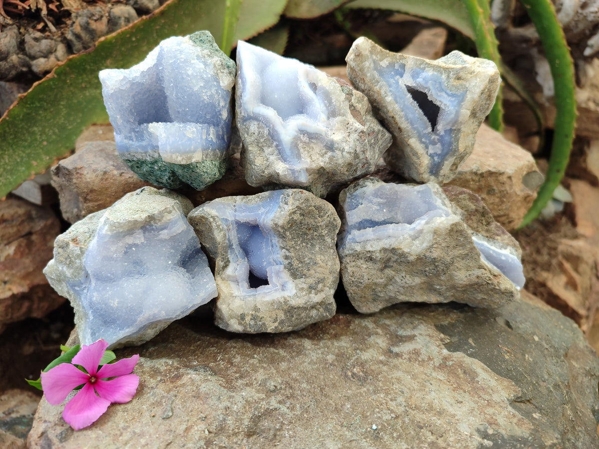 Natural Blue Lace Agate Geode Specimens x 6 From Nsanje, Malawi - Toprock Gemstones and Minerals 