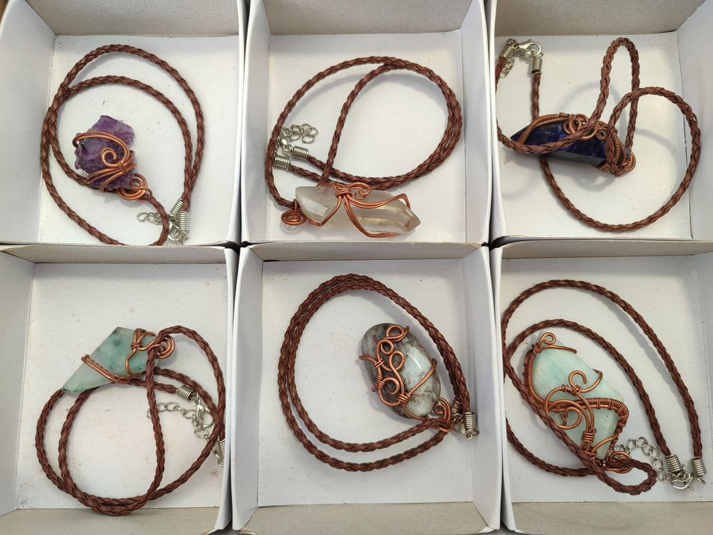 Hand Made Copper Wire Wrapped Pendants x 6 From Southern Africa - Toprock Gemstones and Minerals 