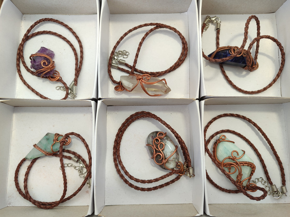 Hand Made Copper Wire Wrapped Pendants x 6 From Southern Africa - Toprock Gemstones and Minerals 