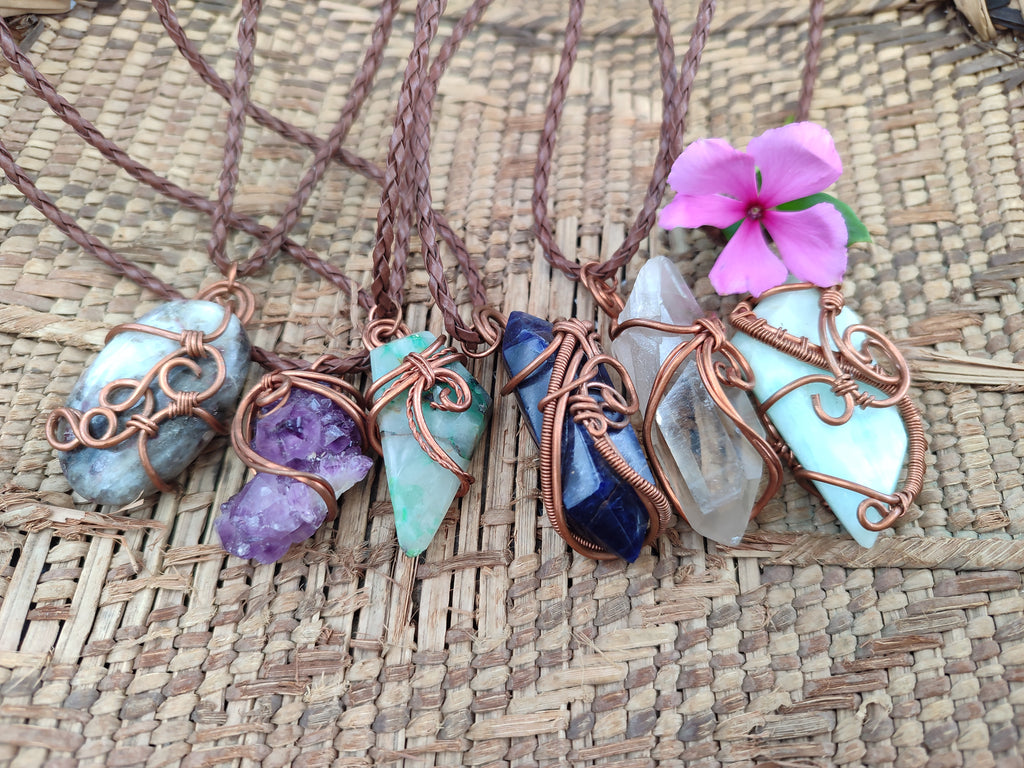Hand Made Copper Wire Wrapped Pendants x 6 From Southern Africa - Toprock Gemstones and Minerals 