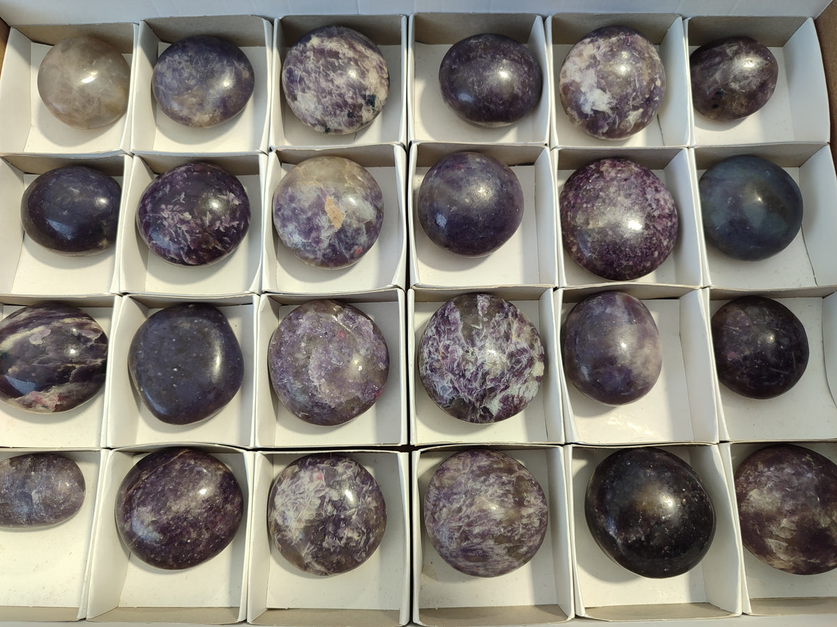 Polished Lepidolite with Pink Rubellite Tourmaline Palm Stones x 24 From Ambatondrazaka, Madagascar - Toprock Gemstones and Minerals 
