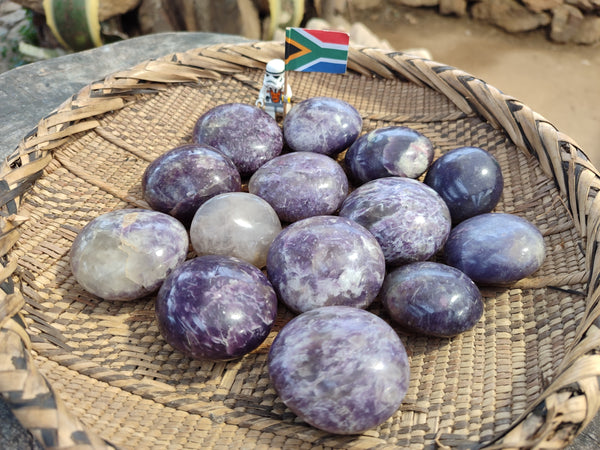 Polished Lepidolite with Pink Rubellite Tourmaline Palm Stones x 24 From Ambatondrazaka, Madagascar