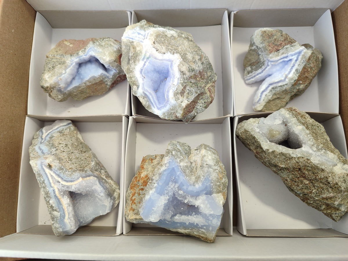 Natural Blue Lace Agate Geode Specimens x 6 From Nsanje, Malawi - Toprock Gemstones and Minerals 