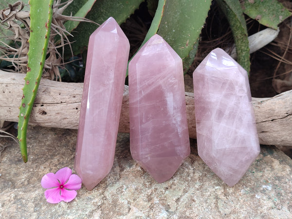 Polished Double Terminated Rose Quartz Points x 3 From Ambatondrazaka, Madagascar