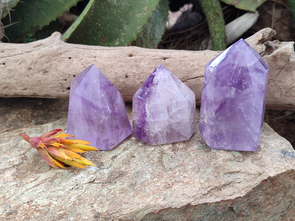 Polished Window Amethyst Quartz Points x 3 From Akansobe, Madagascar - Toprock Gemstones and Minerals 