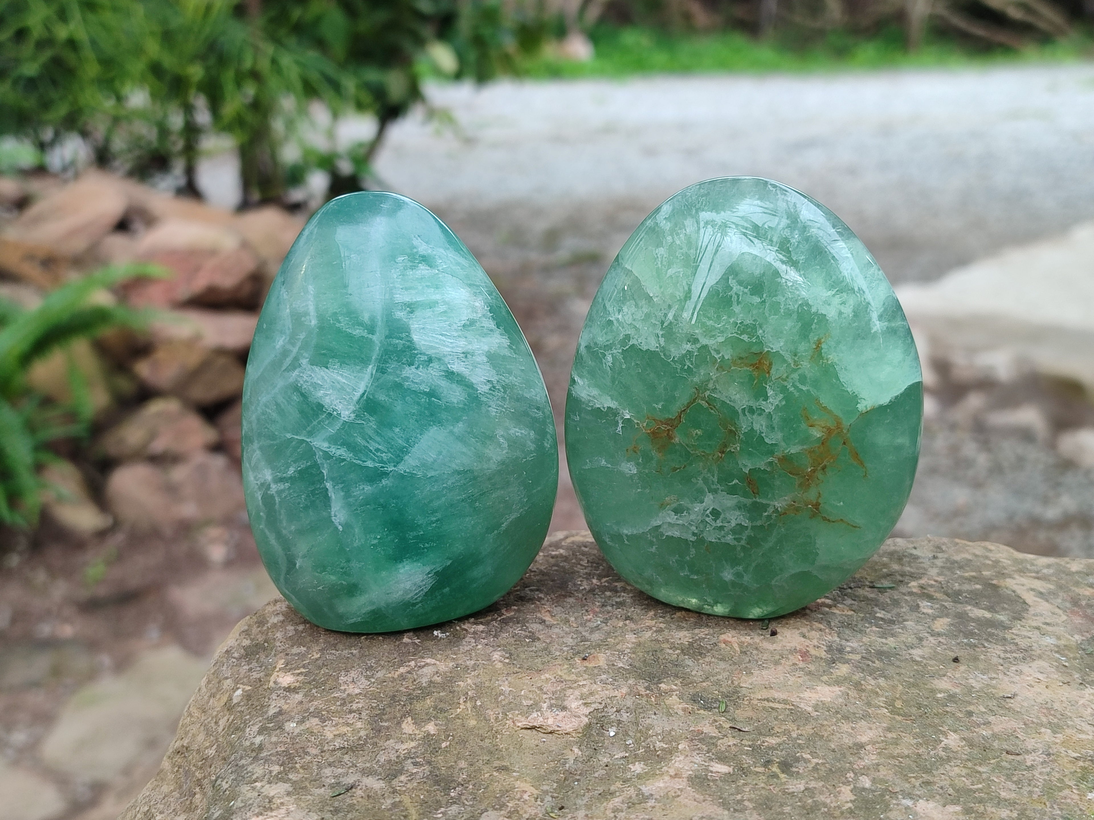 Polished Fluorescent Green Fluorite Standing Free Forms x 4 From Madagascar - Toprock Gemstones and Minerals 