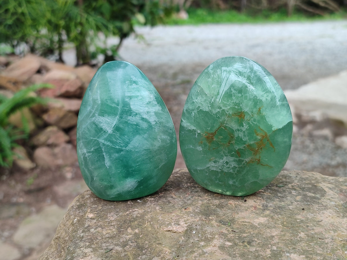 Polished Fluorescent Green Fluorite Standing Free Forms x 4 From Madagascar - Toprock Gemstones and Minerals 