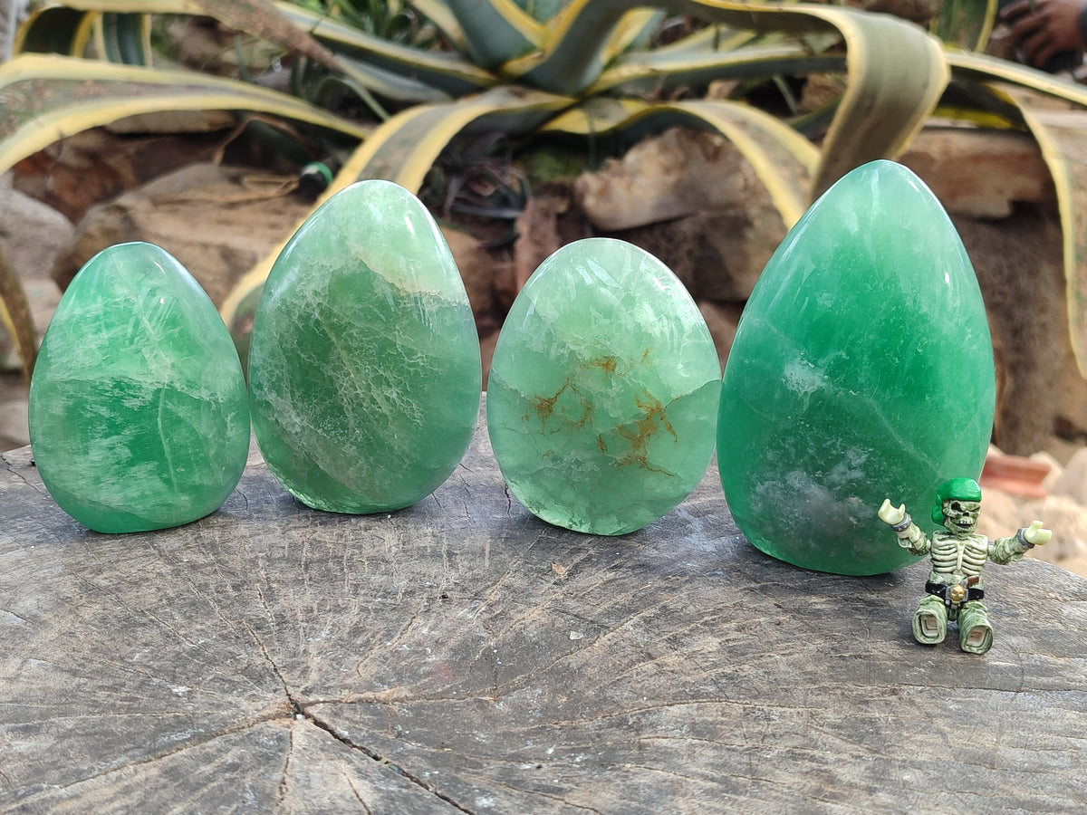 Polished Fluorescent Green Fluorite Standing Free Forms x 4 From Madagascar - Toprock Gemstones and Minerals 