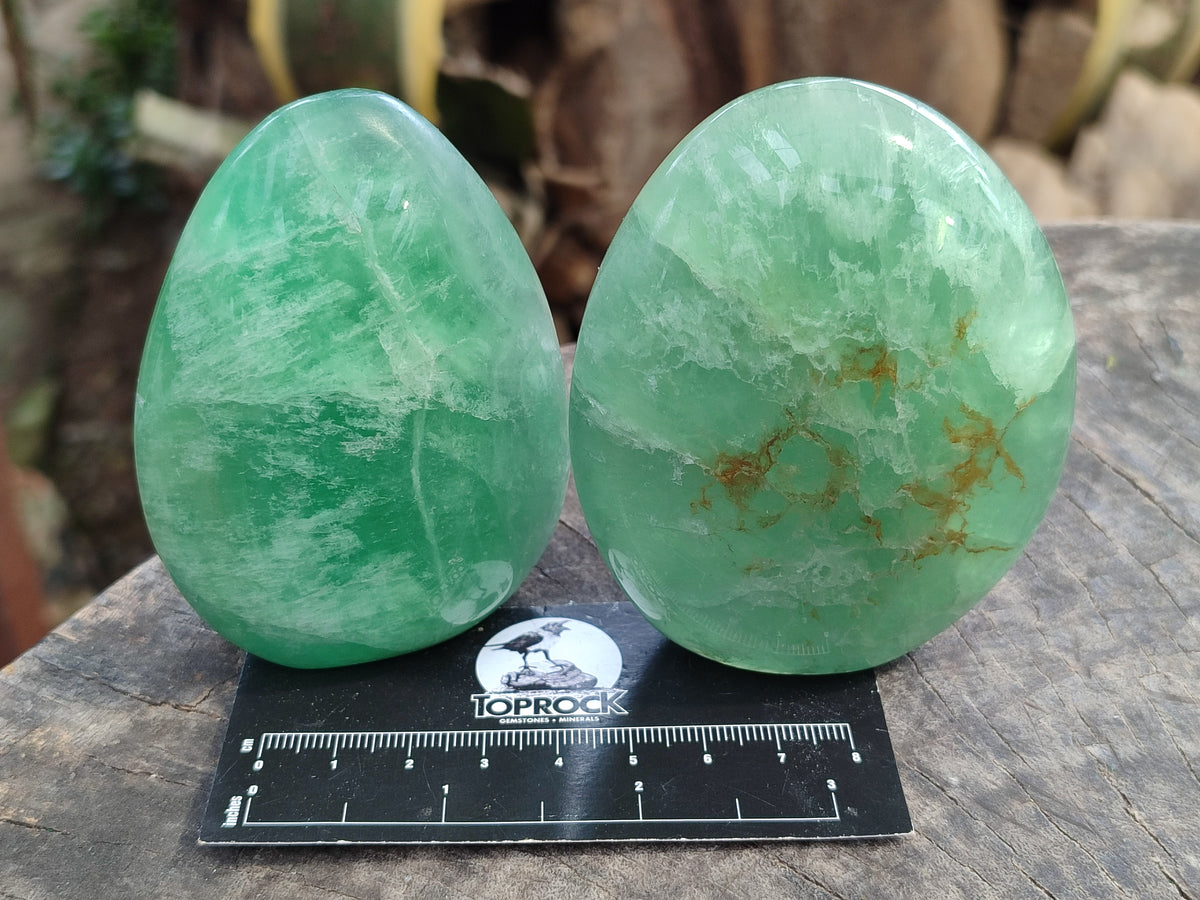 Polished Fluorescent Green Fluorite Standing Free Forms x 4 From Madagascar - Toprock Gemstones and Minerals 