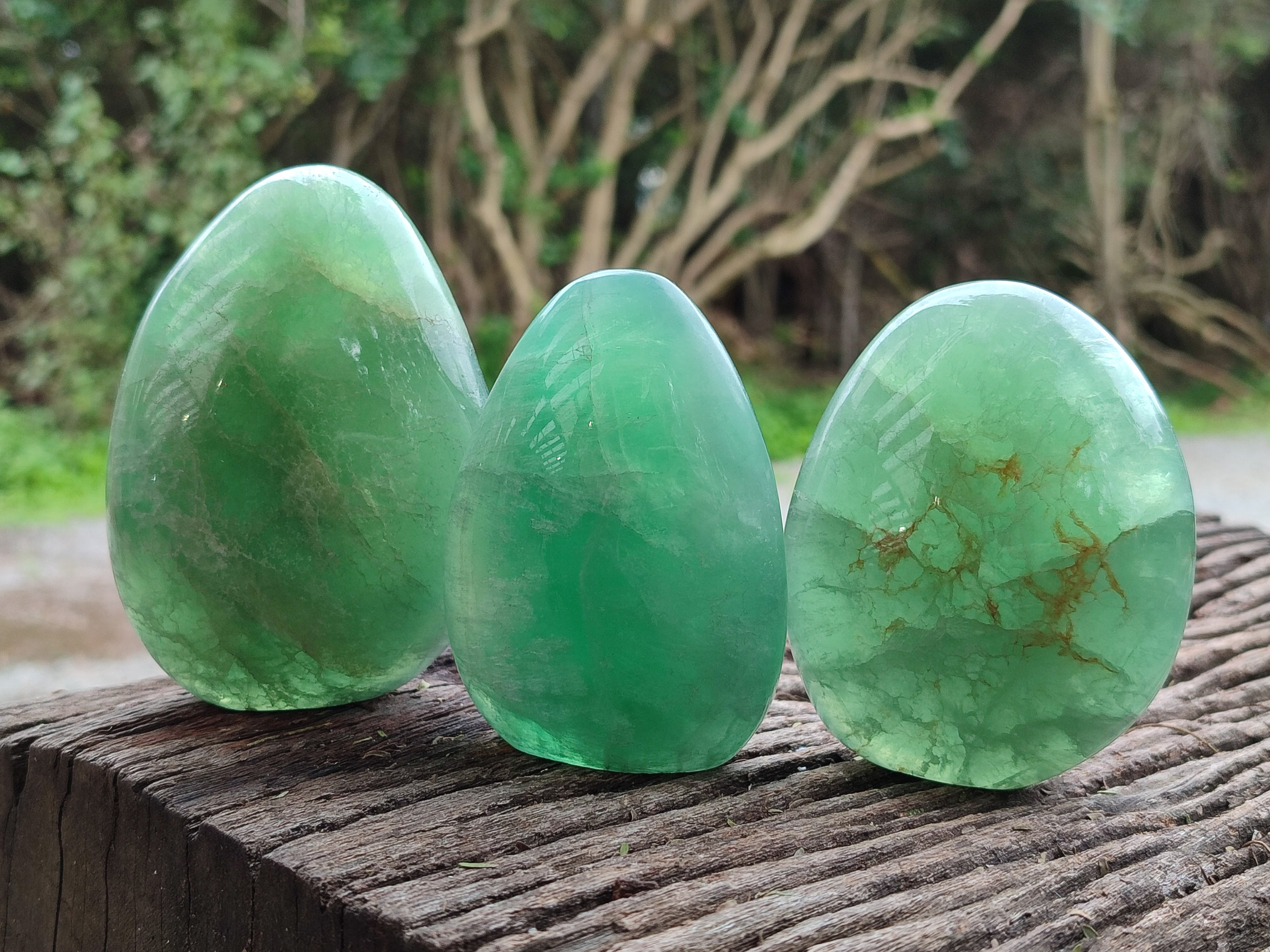 Polished Fluorescent Green Fluorite Standing Free Forms x 4 From Madagascar - Toprock Gemstones and Minerals 
