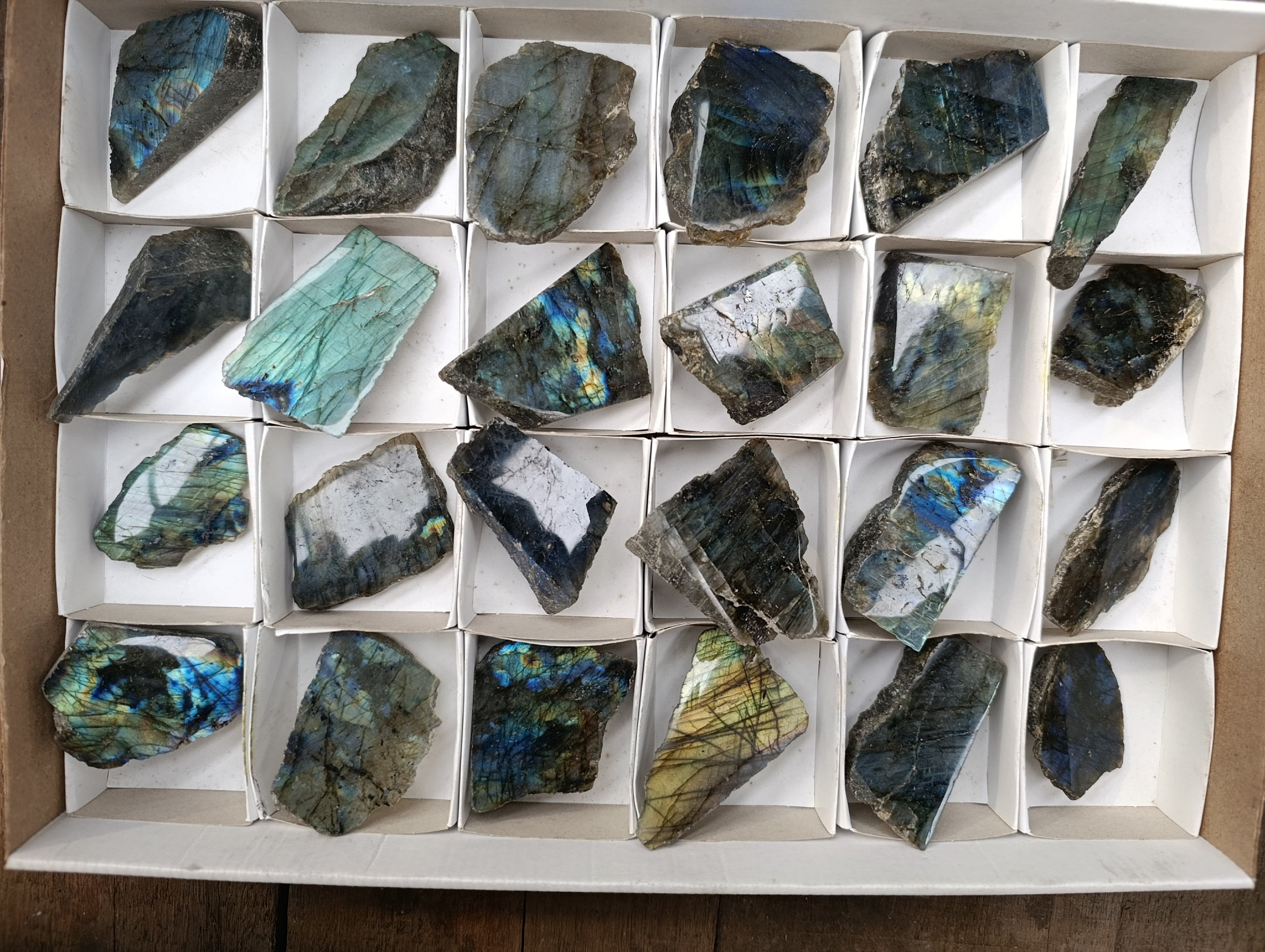 Polished on One Side Labradorite Slices x 24 From Tulear, Madagascar - Toprock Gemstones and Minerals 