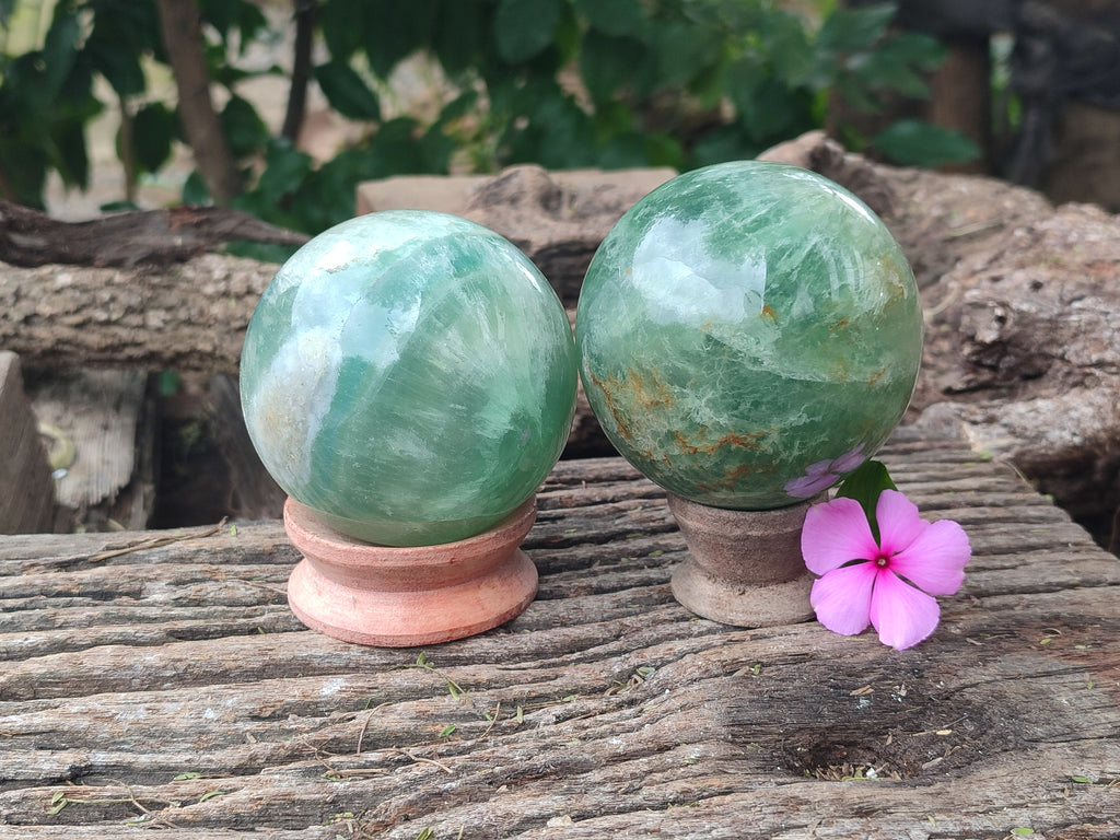 Polished Green Fluorite Spheres x 2 From Madagascar - Toprock Gemstones and Minerals 