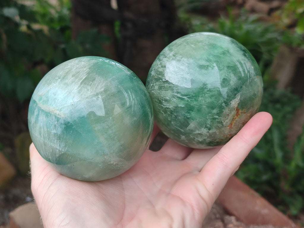 Polished Green Fluorite Spheres x 2 From Madagascar - Toprock Gemstones and Minerals 