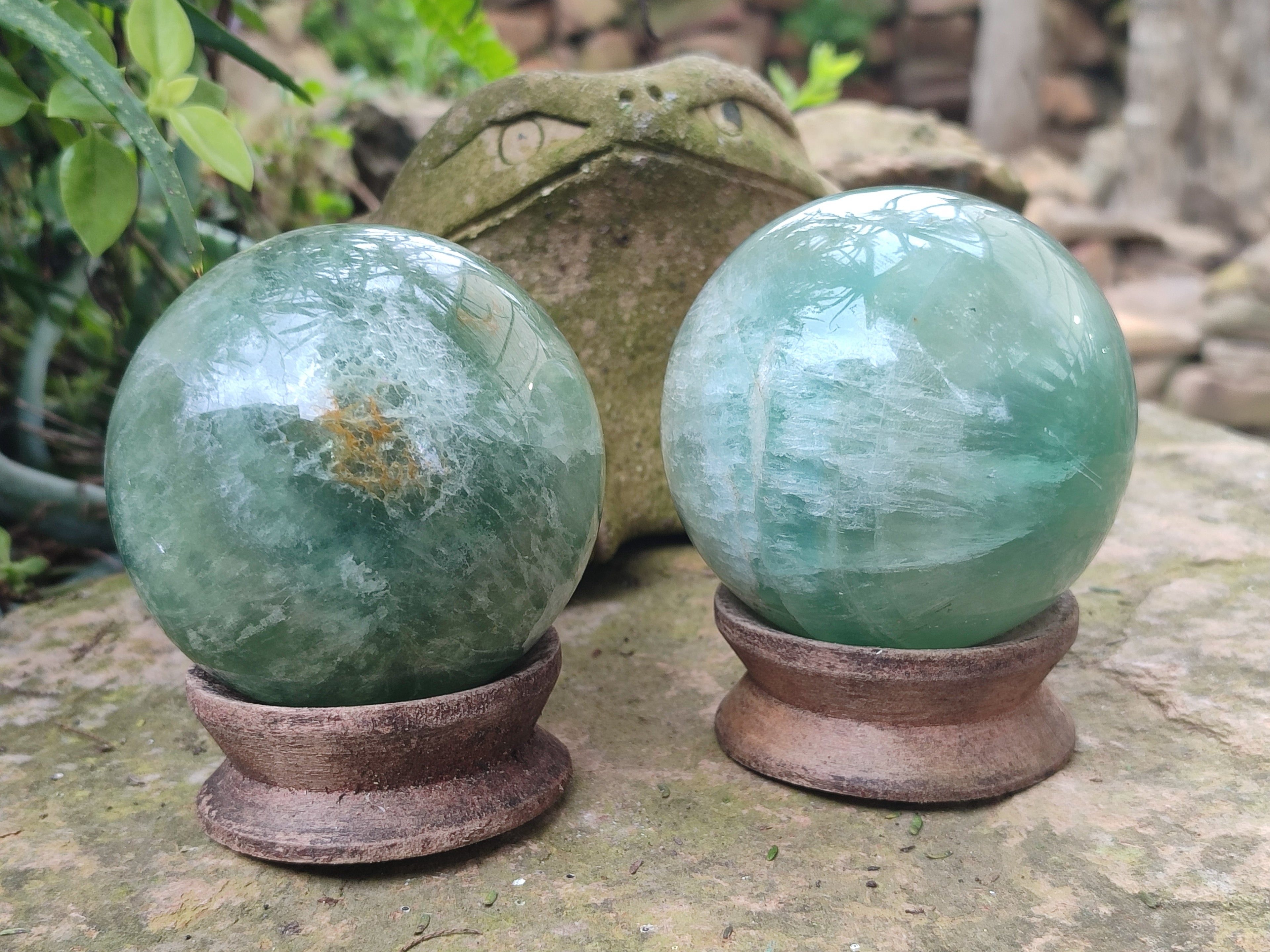 Polished Green Fluorite Spheres x 2 From Madagascar - Toprock Gemstones and Minerals 