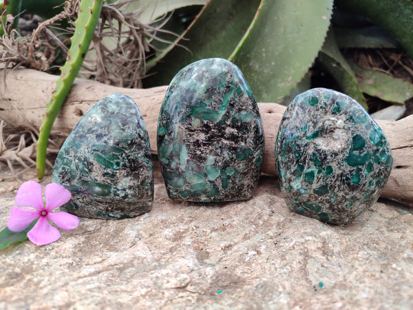 Polished Emerald Mica In Matrix Standing Free Forms x 3 From Mutoko, Zimbabwe