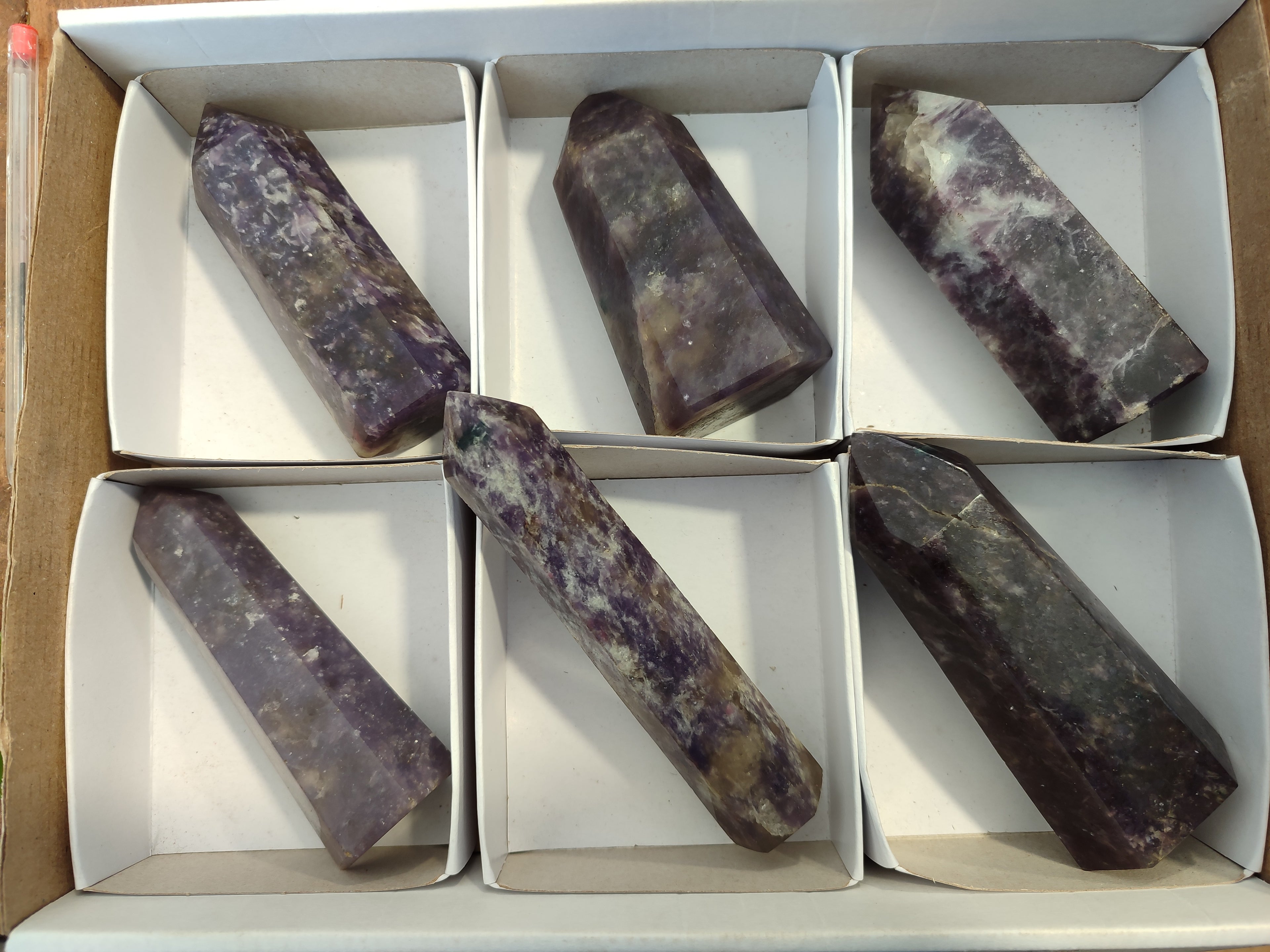 Polished Lepidolite with Pink Rubellite Points x 6 From Ambatondrazaka, Madagascar - Toprock Gemstones and Minerals 