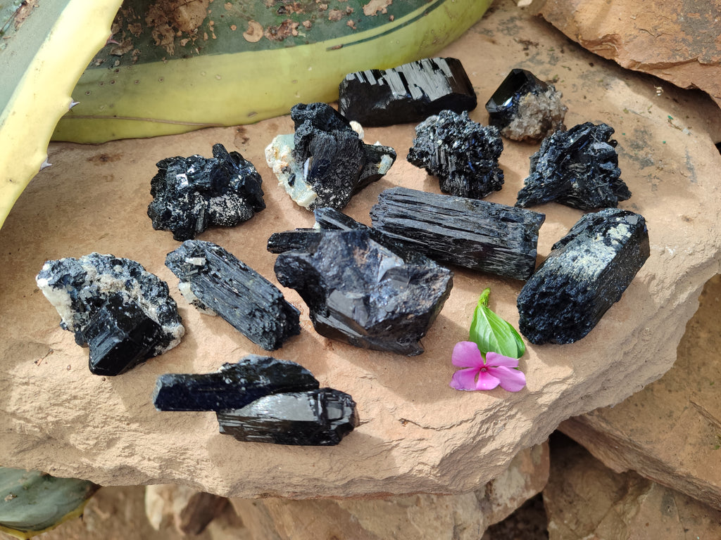 Natural Schorl Black Tourmaline Specimens x 12 From Erongo, Namibia - Toprock Gemstones and Minerals 