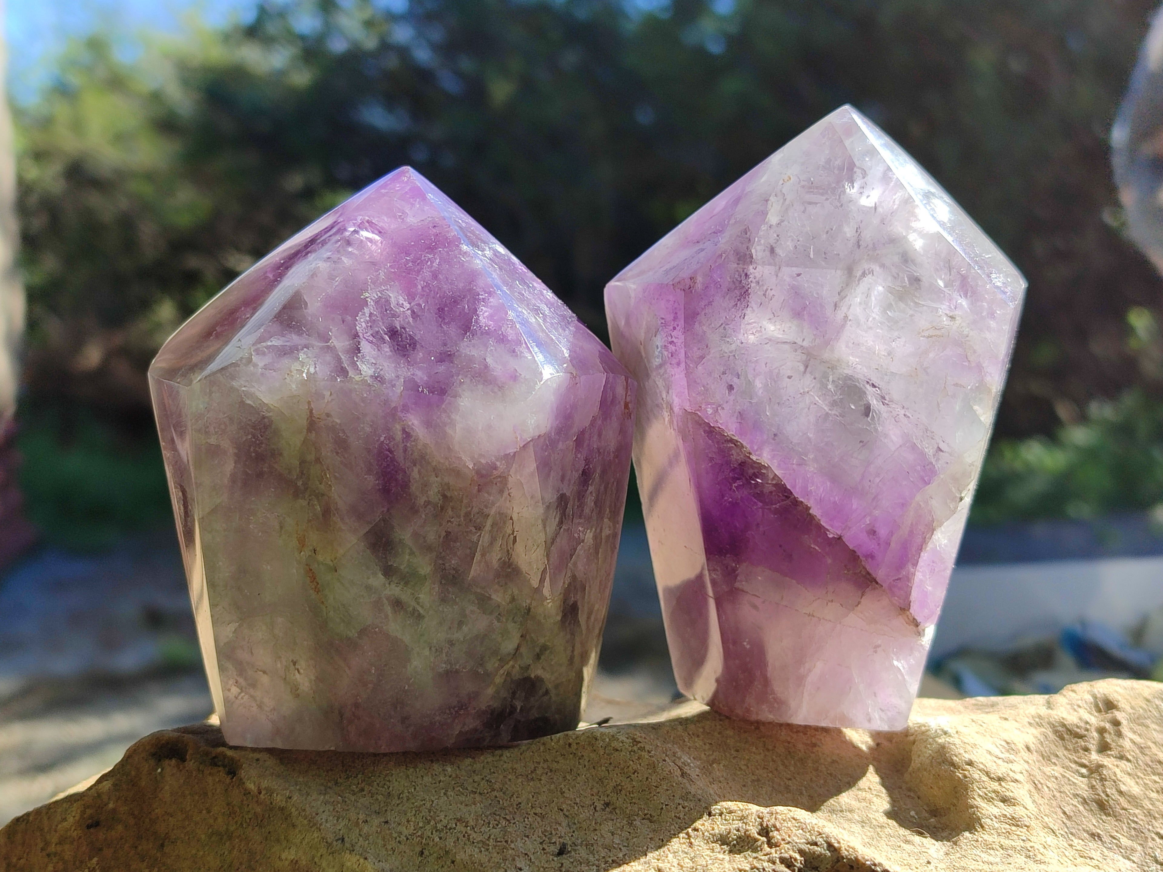 Polished Chevron Amethyst Crystals x 2 from Ankazobe, Madagascar - Toprock Gemstones and Minerals 