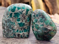 Polished Emerald Mica In Matrix Standing Free Forms x 3 From Mutoko, Zimbabwe