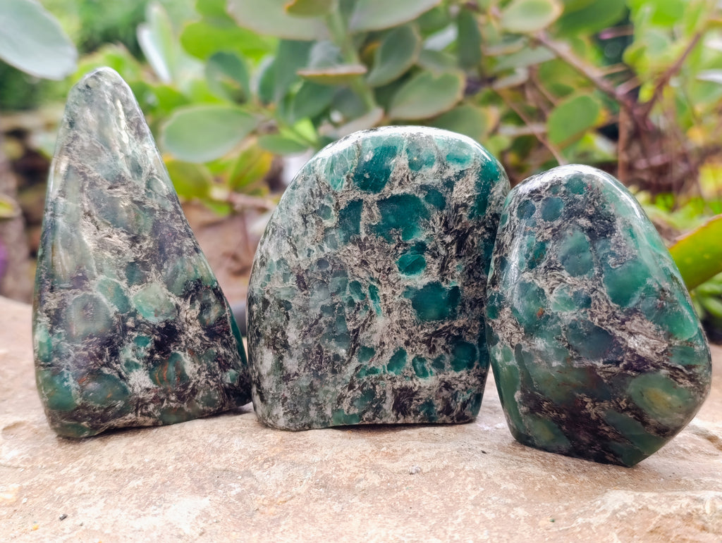 Polished Emerald Mica In Matrix Standing Free Forms x 3 From Mutoko, Zimbabwe - Toprock Gemstones and Minerals 
