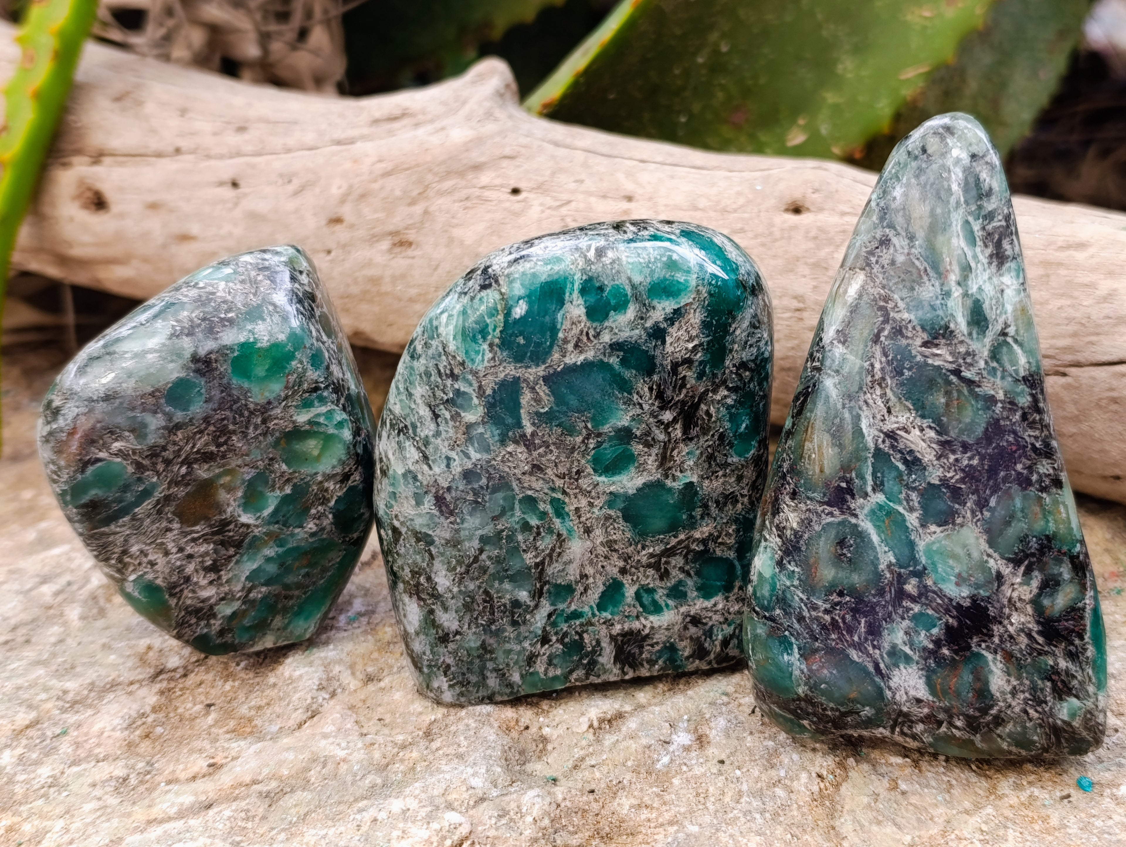 Polished Emerald Mica In Matrix Standing Free Forms x 3 From Mutoko, Zimbabwe - Toprock Gemstones and Minerals 