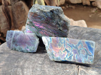 Polished On One Side Purple Flash Labradorite Plates x 3 From Tulear, Madagascar