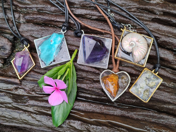 Hand Made Specially Selected Mixed Crystal Pendants - Set in Resin x 6 From Southern Africa
