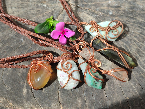 Polished Mixed Copper Wire Wrapped Pendants x 6 From Namibia