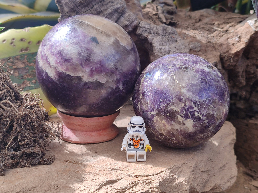 Polished Lepidolite with Pink Rubellite and Blue Lithium Spheres x 2 From Ambatondrazaka, Madagascar - Toprock Gemstones and Minerals 