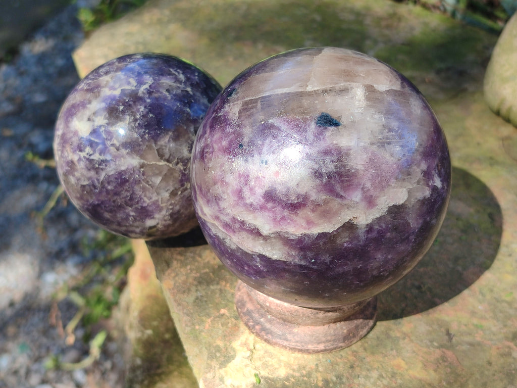 Polished Lepidolite with Pink Rubellite and Blue Lithium Spheres x 2 From Ambatondrazaka, Madagascar - Toprock Gemstones and Minerals 
