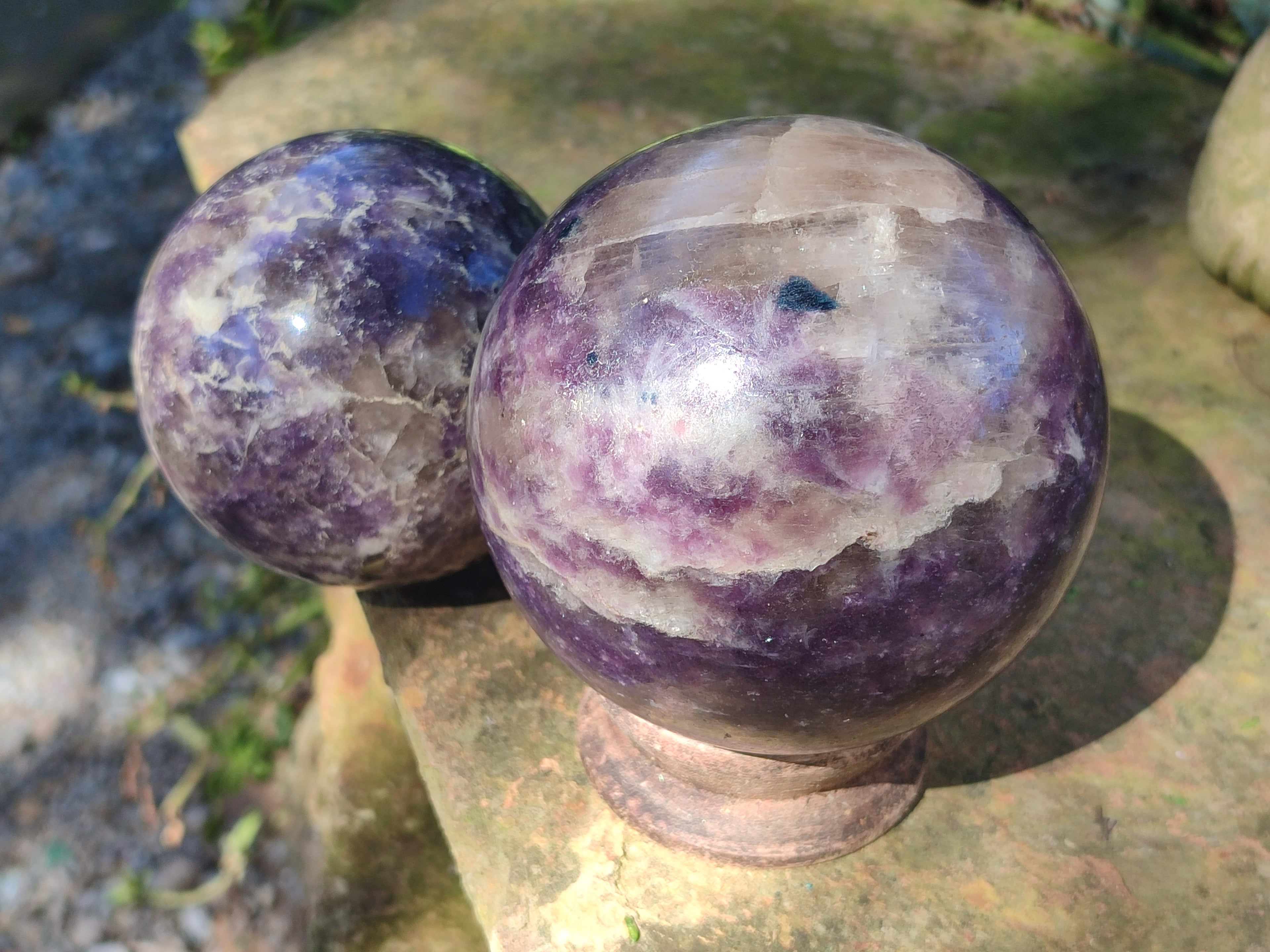 Polished Lepidolite with Pink Rubellite and Blue Lithium Spheres x 2 From Ambatondrazaka, Madagascar - Toprock Gemstones and Minerals 