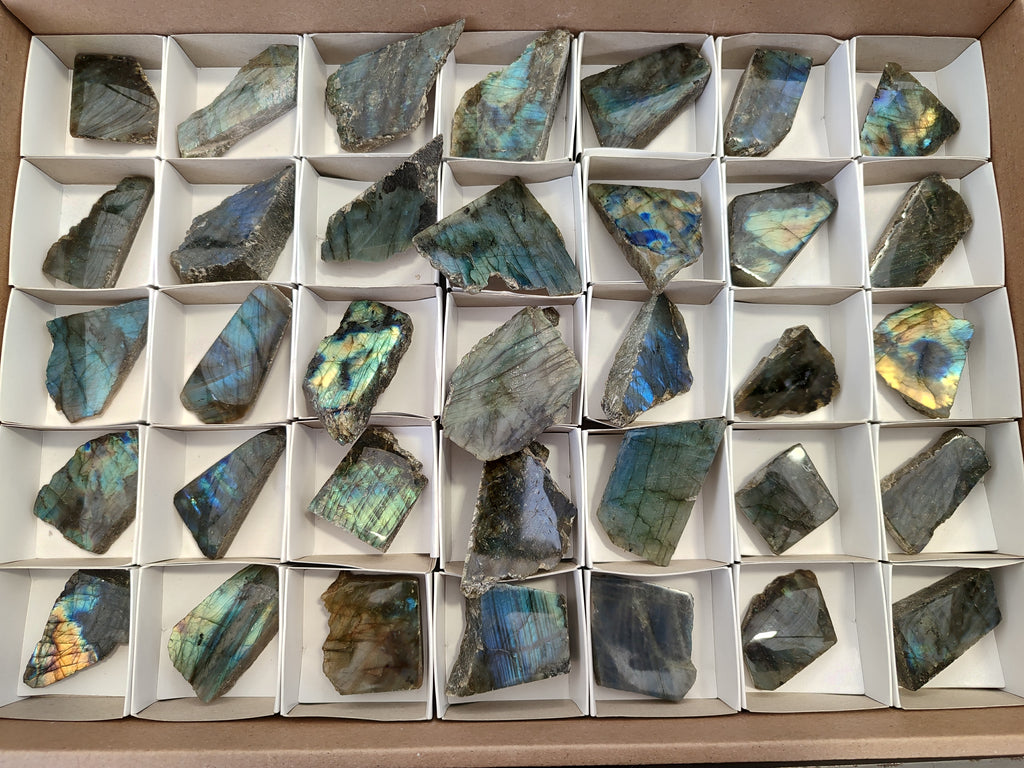 Polished on One Side Mini Labradorite Slabs x 35 From Tulear, Madagascar - Toprock Gemstones and Minerals 