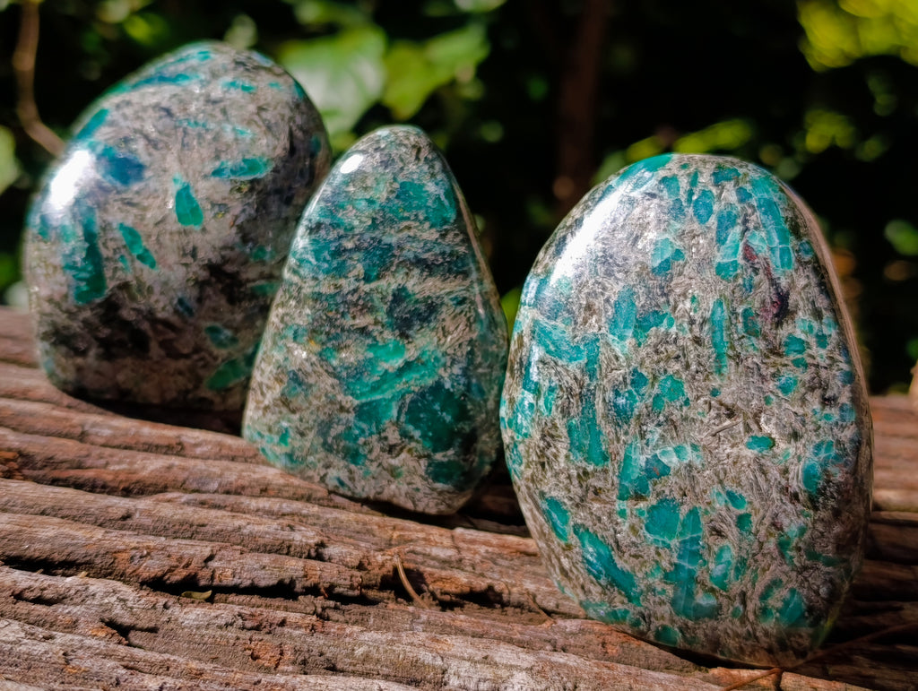 Polished Emerald Mica In Matrix Standing Free Forms x 3 From Mutoko, Zimbabwe - Toprock Gemstones and Minerals 