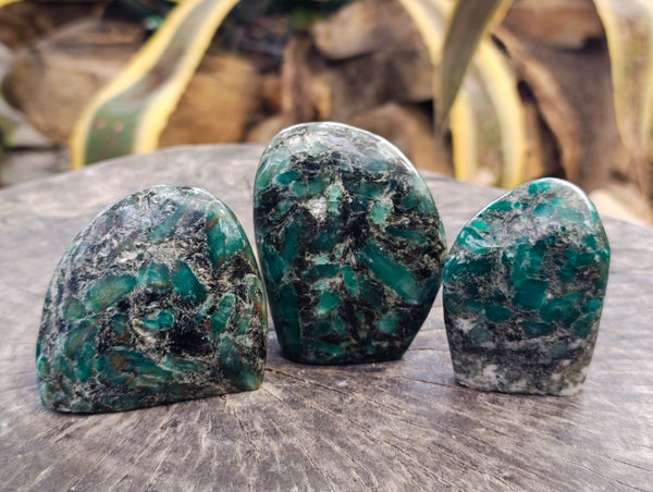 Polished Emerald Mica In Matrix Standing Free Forms x 3 From Mutoko, Zimbabwe