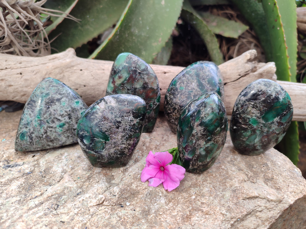 Polished Emerald Mica In Matrix Standing Free Forms x 6 From Mutoko, Zimbabwe - Toprock Gemstones and Minerals 