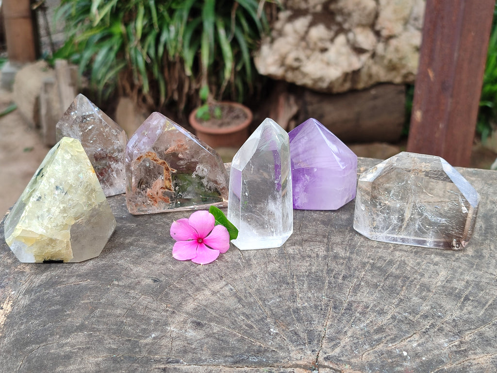 Polished Quartz Crystal Points with Various Inclusions x 6 From Madagascar - Toprock Gemstones and Minerals 