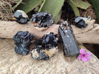 Natural Schorl Black Tourmaline with Fluorite and Hyalite x 6 From Erongo, Namibia