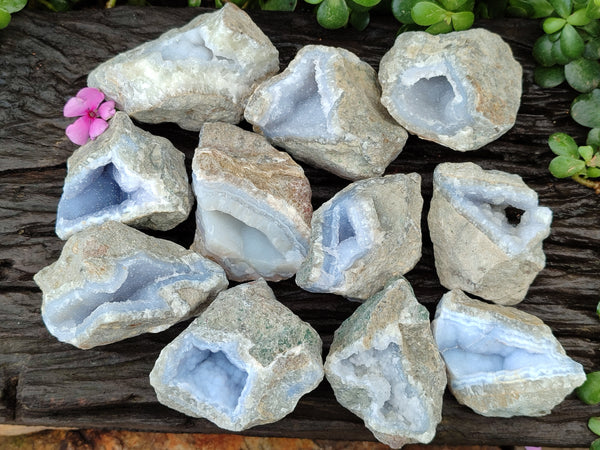 Natural Blue Lace Agate Geode Specimens x 12 From Nsanje, Malawi