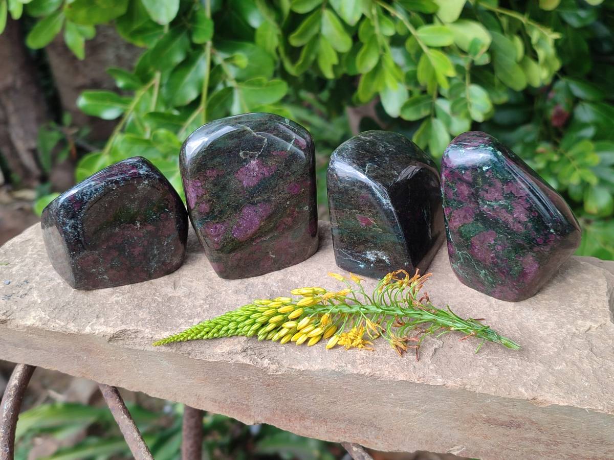 Polished Ruby Corundum In Chrome Verdite Standing Free Forms x 4 From Zimbabwe - Toprock Gemstones and Minerals 