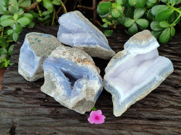 Natural Blue Lace Agate Geode Specimens x 4 From Nsanje, Malawi