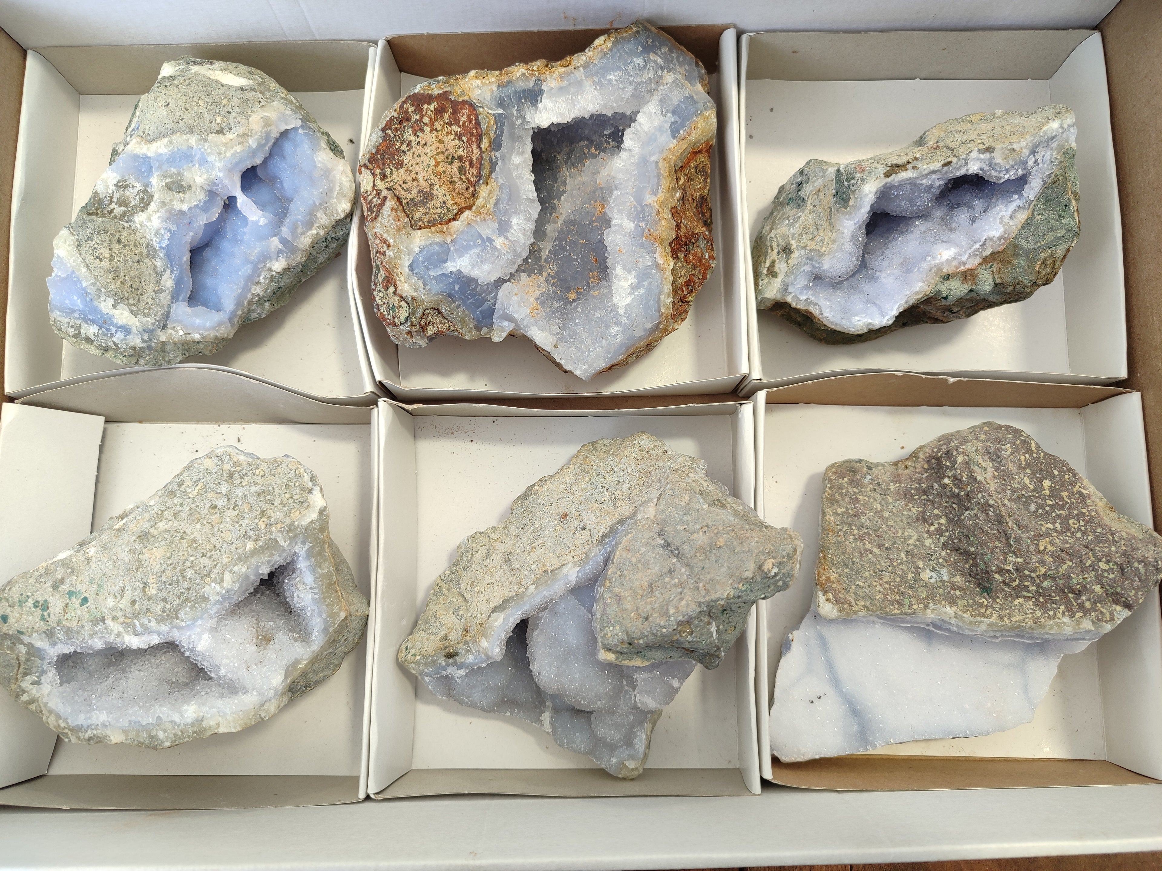Natural Blue Lace Agate Geode Specimens x 6 From Nsanje, Malawi - Toprock Gemstones and Minerals 