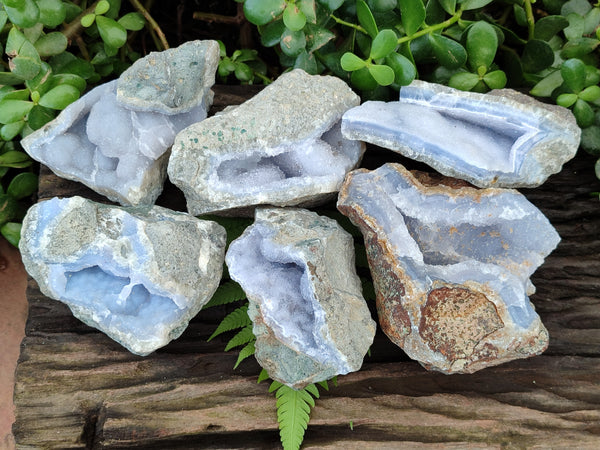 Natural Blue Lace Agate Geode Specimens x 6 From Nsanje, Malawi