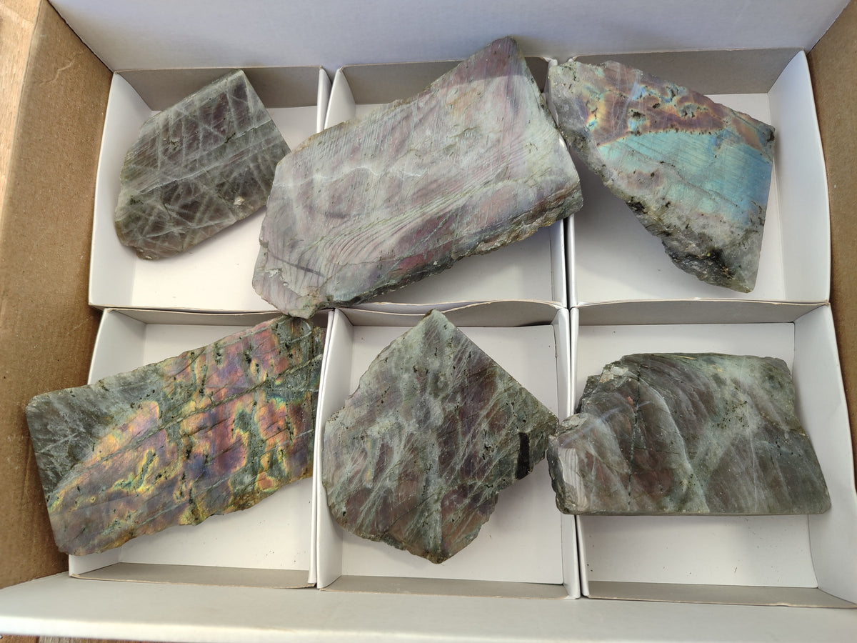 Polished On One Side Labradorite Plates x 6 From Tulear, Madagascar - Toprock Gemstones and Minerals 