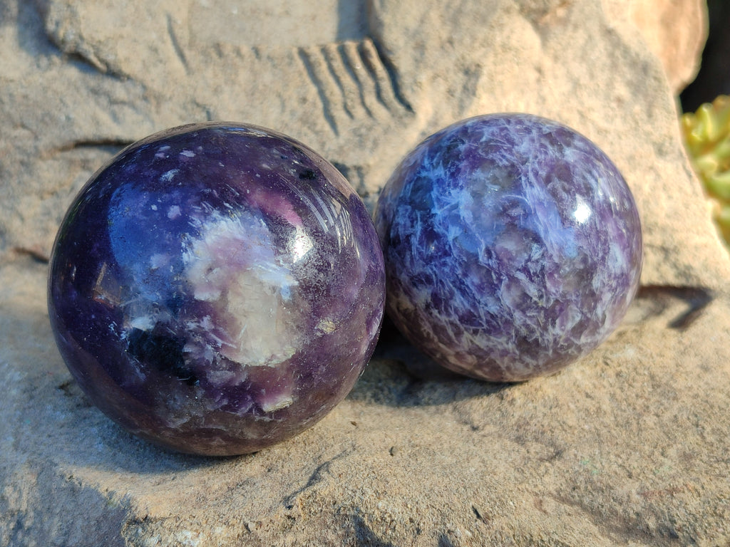 Polished Lepidolite with Pink Rubellite and Blue Lithium Spheres x 4 From Ambatondrazaka, Madagascar - Toprock Gemstones and Minerals 
