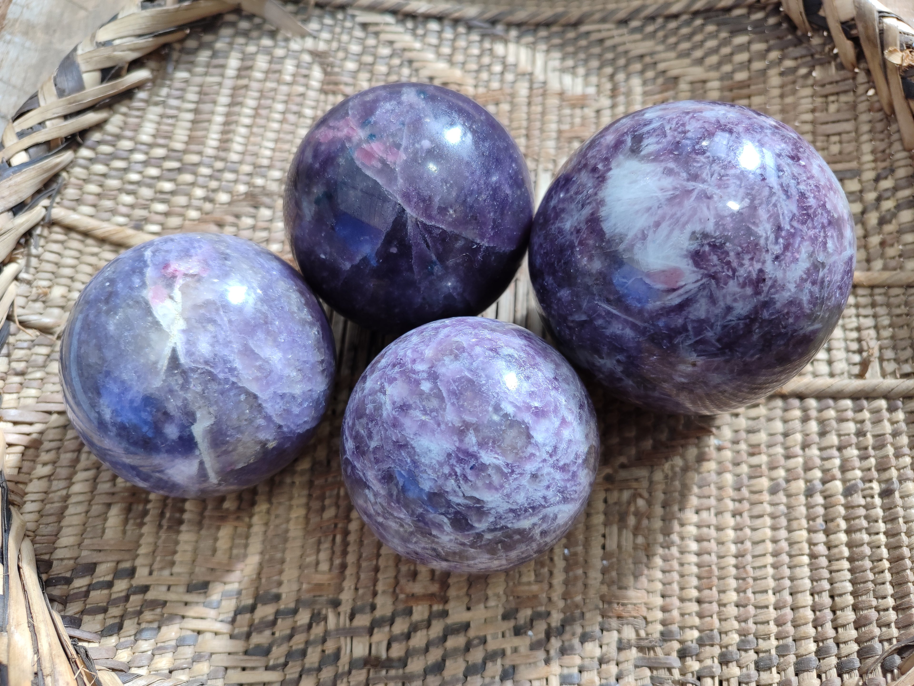 Polished Lepidolite with Pink Rubellite and Blue Lithium Spheres x 4 From Ambatondrazaka, Madagascar - Toprock Gemstones and Minerals 